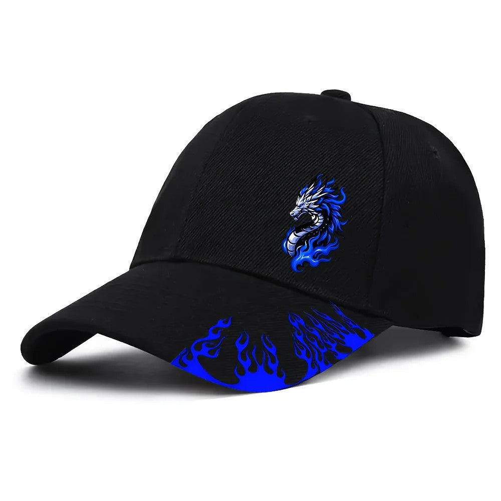 1pc Black Baseball Cap with Blue Flame Dragon Print - Adjustable Street Style