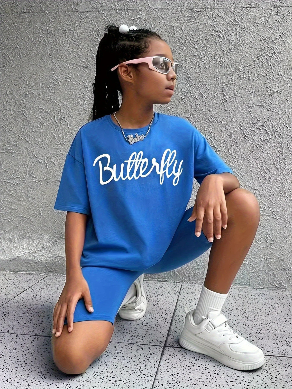 1 Set Girl's Vibrant Butterfly Graphic Tee + Shorts Co-ords Set - Soft,