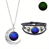 1pc Glow-in-the-Dark Zodiac Necklace Set Hollow Moon Pendant Leather Bracelet Jewelry Set