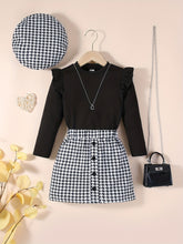 Girl Elegant 3pcs, Ribbed Long Sleeve Top & Beret Hat & Houndstooth Skirt Set, Button Decor Casual Outfit Kids Outdoor