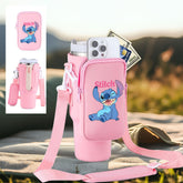 Disney Theme Stitch Series Multi-Function Travel Crossbody Water Bottle Case with Adjustable Shoulder Strap - 40oz Glass Protector, Removable Phone Pocket And Multiple Compartments, Suitable for Hiking, Beach, Daily Us