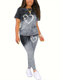 Women Casual Heart Print Two-piece Crew Neck Short Sleeve T-shirt & Skinny Legging
