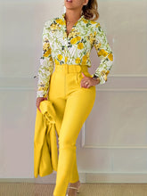 Women two-piece Floral Print V Neck Long Sleeve Blouse & Solid Belted Tapered Pants Outfit