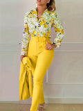 Women two-piece Floral Print V Neck Long Sleeve Blouse & Solid Belted Tapered Pants Outfit