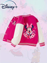 Girls Mickey Mouse Cartoon Print Single-Piece Baseball Stand Collar Open Front Jacket