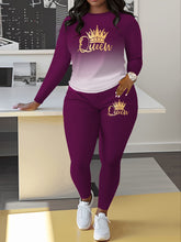 Women Gradient Crown Print Casual Long Sleeve Round Neck Pants Set