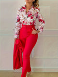 Women two-piece Floral Print V Neck Long Sleeve Blouse & Solid Belted Tapered Pants Outfit