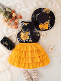 Baby's Elegant Flower Pattern 2pcs Summer Outfit, Halter Neck Sleeveless Top & Hat & Tiered Skirt Set, Toddler & Infant Girl's Clothes For Daily/Holiday/Party, Outdoor Cloth