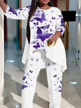 Women Plus Size Butterfly Print Three-quarter Sleeve Set