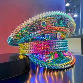 Steampunk Bling Captain Hat Rhinestone for Burning for Man Festival Woman | Multicolor Sparkling Shimmering Military Cap, Party Hats & Rave Accessories | 7-Color Cosplay Costume for Music Festivals, Carnival, Dance Parties (S