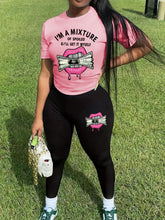 Women Elegant Alphabet Print Polyester Knit Fabric Pants Set Round Neck Casual Short Sleeve Top and Long Pants