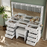 11 Drawers Makeup Vanity With Charging Station, Vanity Desk With 13 LED Bulbs And HD Mirror, 3 Color Brightness Adjustable, Glass Top Vanity Set For Bedroom, White