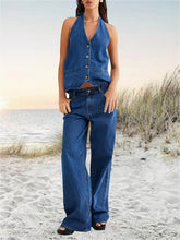 Women Denim Set Suits Button Backless Halter Neck TankTop Wide Leg Jeans