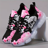 Women's Black Casual Sneakers with Pink Rose & Skull Graphic Design - Low-Top Lace-Up Breathable Synthetic Cover & Fabric Upper, EVA Cushioned Sole for All-Season Comfort, Fashion-Forward Walking Shoes, Ladies Sneakers, Every
