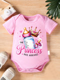 Casual Short-Sleeve Romper The Princess Has Arrived" Cartoon Print Crown & Design Outfit
