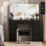 43" Makeup Vanity Desk Set With Prower Outlet, LED Lighted Mirror, Stool, 9 Drawers