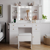 Vanity Desk Set with Mirror and Lights, White Vanity Table with Stool & 7 Drawers and Glass Cabinets, Makeup Table with 3 Lights Mode for Bedroom