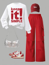 "Keep It Simple" Letter Print Sweatshirt & Cargo Pants Set - Cozy Round Neck Long Sleeve Top with Pockets, Red Casual Winter Outfit for Little Ones, Perfect for Outdoor Play, Relaxed Fit Pants | Polyester Sweatshirt, for Outd