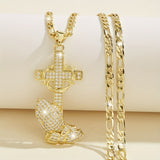 14K Gold Plated Pendant Necklace with Cross & Prayer Hand