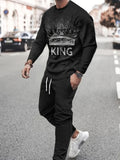 Men Casual KING Pattern Crew Neck Long Sleeve T shirt Drawstring Sweatpants Jogger Set