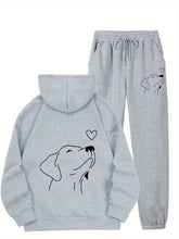 Women's Autumn and Winter Fleece-Lined Hoodie Set with Dog Print, Fashion Long Sleeve Sweatshirt Outfit