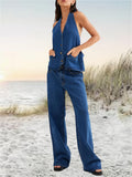 Women Denim Set Suits Button Backless Halter Neck TankTop Wide Leg Jeans