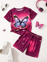 Women 2pcs Dreamy Starry Sky Butterfly Print Short Sets Summer Outdoor Gift, Vibrant Color, Comfortable, Dreamy Design, Butterfly Pattern, Print Outfit