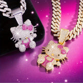 1pc of Officially Super Cute Sanrio for hello kitty Collaboration Cartoon Necklace, The Hip-Hop Cuban Chain Design Is Trendy And Eye-Catching, The Golden Metal Chain Body Is Paired with Dazzling Decorations, And The 3D Water