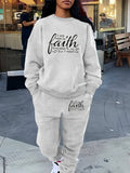 Women Faith Inspirational Letter Print Two-Piece Set Cozy Polyester Crew Neck Sweatshirt & Pants Pockets