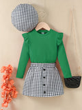Girl Elegant 3pcs, Ribbed Long Sleeve Top & Beret Hat & Houndstooth Skirt Set, Button Decor Casual Outfit Kids Outdoor