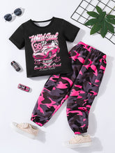 Girl Letter Car Pattern T-shirt + Camouflage Pattern with Flip Pocket Loose Work Pants Set