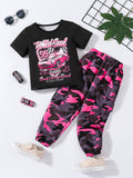 Girl Letter Car Pattern T-shirt + Camouflage Pattern with Flip Pocket Loose Work Pants Set