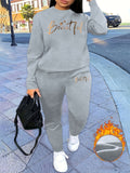 Women Casual Cozy Gray "Beautiful" Letter Print Sweatshirt & Pants Set
