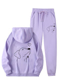Women's Autumn and Winter Fleece-Lined Hoodie Set with Dog Print, Fashion Long Sleeve Sweatshirt Outfit