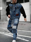 Men Casual Sports Outfit, 3D Printed Hoodie Denim Jogger Pants Set, Long Sleeves