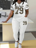Casual Striped Baseball Element V-Neck Short Sleeve Top with Long Pants Set