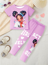 Girls Casual Cartoon Portrait Print Top Crew Neck & Short Sleeves Trouser Set