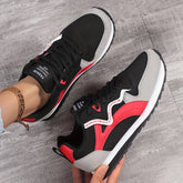 Women'S Retro Breathable Mesh Sneakers - Comfortable Low-Top Lace-Up Joggers with TPR Sole, All-Season Casual Shoes in Black/White/Red, Striped Pattern, Hand Washable, Casual Footwear | Striped Pattern Sneakers | Breathable F