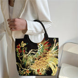 Women Embroidered Satchel Double Handle Removable Strap Handbag