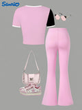 Sanrio Ku'luo'm Girls Heart Bow Short Round Neck T-Shirt + Slim Fit Flared Pants Two-Piece Set
