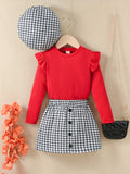 Girl Elegant 3pcs, Ribbed Long Sleeve Top & Beret Hat & Houndstooth Skirt Set, Button Decor Casual Outfit Kids Outdoor