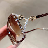 Women'S Camellia Flower Rhinestone Glasses, Vintage Fashion Eyewear, Anti-Reflective AC Lens, Metal Hinges, Fashion Accessories