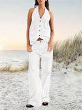 Women Denim Set Suits Button Backless Halter Neck TankTop Wide Leg Jeans