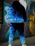 Men Plus Casual Blue Flame Print Large Size Sweatshirt And Pants Two-Piece Set