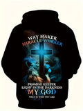 Men Plus Size Hoodie with Lion & Cross Graphic Way Maker Miracle Worker Print, Black Polyester Spandex Blend, Casual Comfortable