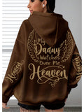 Women's Plus Size Oversized Hoodie with "My Daddy Watches Over Me From Heaven" Golden Lettering & Angel Wings Design - Soft 260gsm Polyester, Kangaroo Pocket, Machine Washable Casual Pullover for Casual Attire