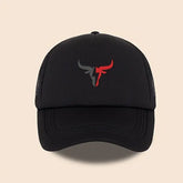 Black Trucker Cap with Bull Head Logo - Stylish Mesh Back Hat, Bold Animal Emblem Casual Sun Cap for Trendy Look