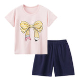 2-Pcs Children's Short-sleeved Shorts Suit Girl Sweet And Lovely Pink Round Neck Shirt Casual Joker Shorts Casual And Comfortabl