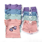 Baby Girl Solid Color Set Cartoon Glasses Printed Ruffle Edge Short Sleeves+Shorts Set Children's Shorts Daily Wear