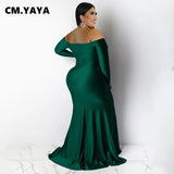 CMYAYA Plus Size Women Off Shoulder V-neck High Side Slit Mermaid Birthday Long Sleeve Long Maxi Dresses Sexy Party Prom Dress